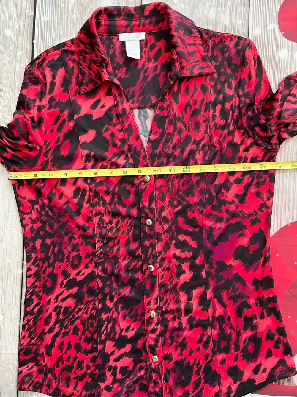 Cache Vintage Buttondown Red Leopard Print Blouse Long Sleeves - Picture 6 of 11
